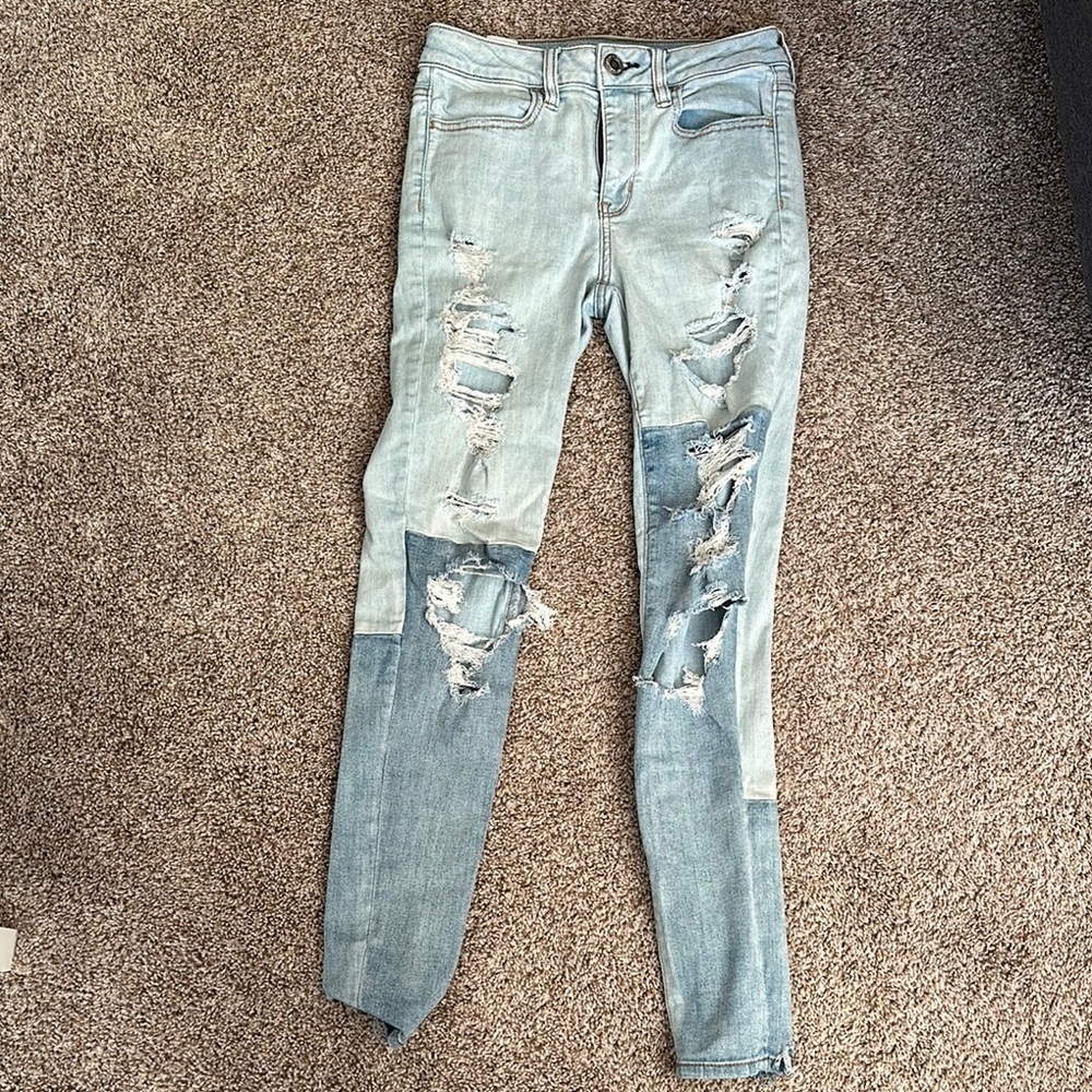 Distressed Two-Tone Denim Jeans